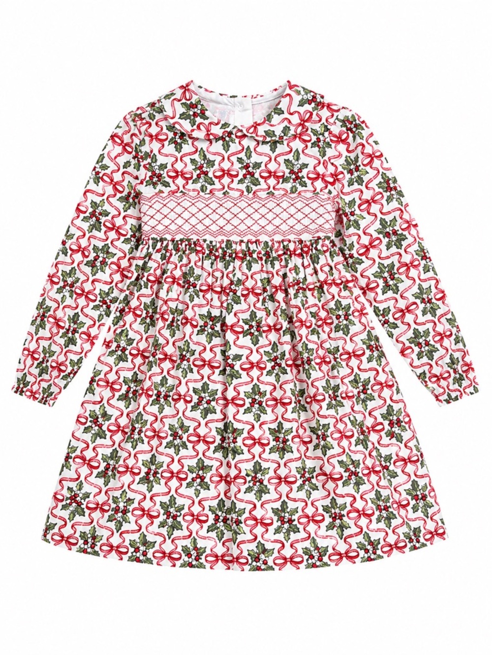 iris & ivy Red and Green Holly and Bow Smocked Holiday Dress in Red and Green